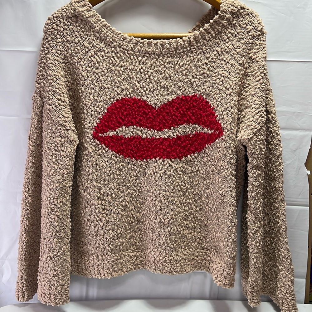 NEW Red LIP Graphic Popcorn Small POL Sweater